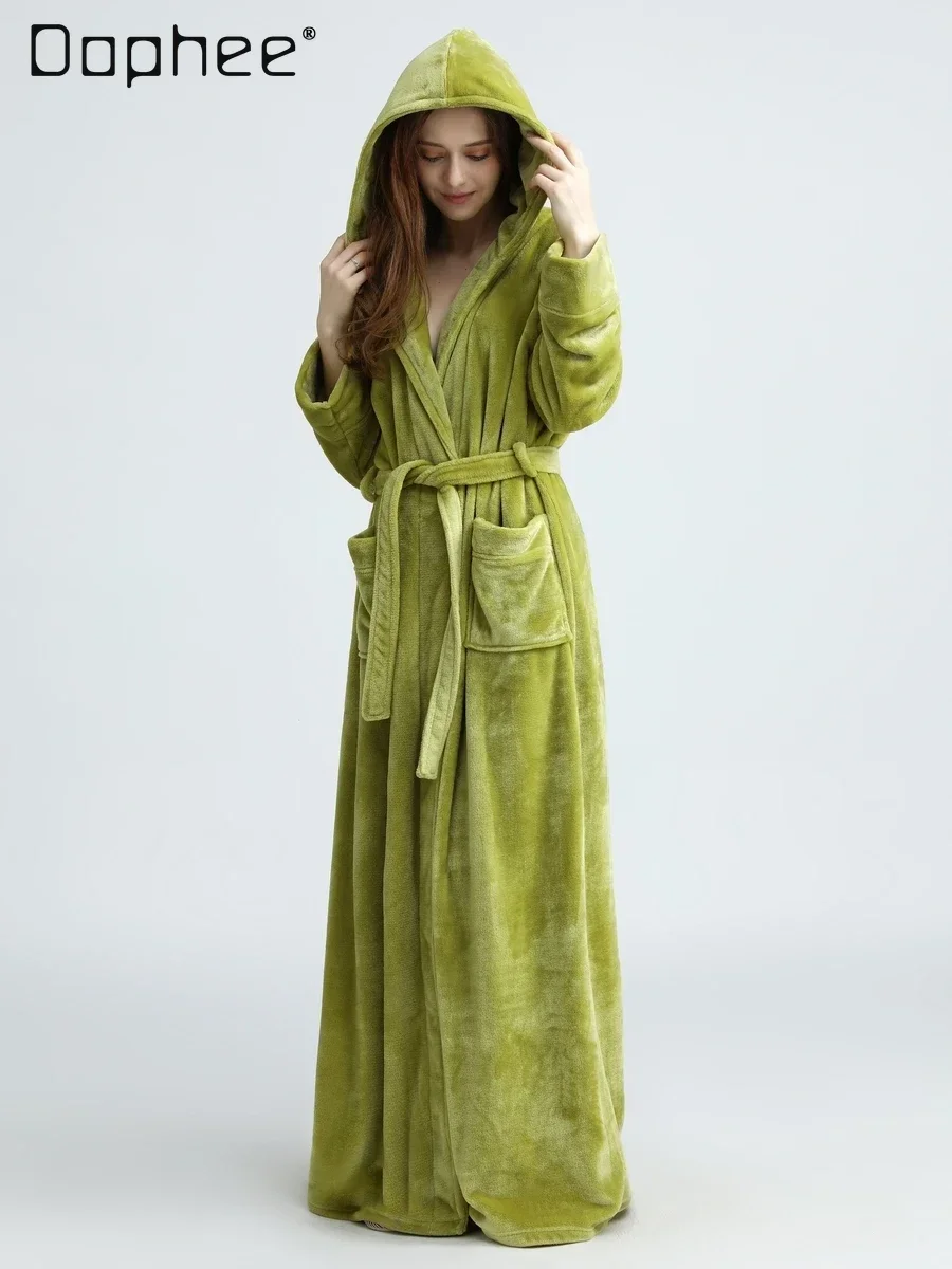 

Coral Fleece Night Robe Women and Men Thickened Hooded Lace Up Maxi Bathrobe Flannel Solid Color Soft Couple Homewear