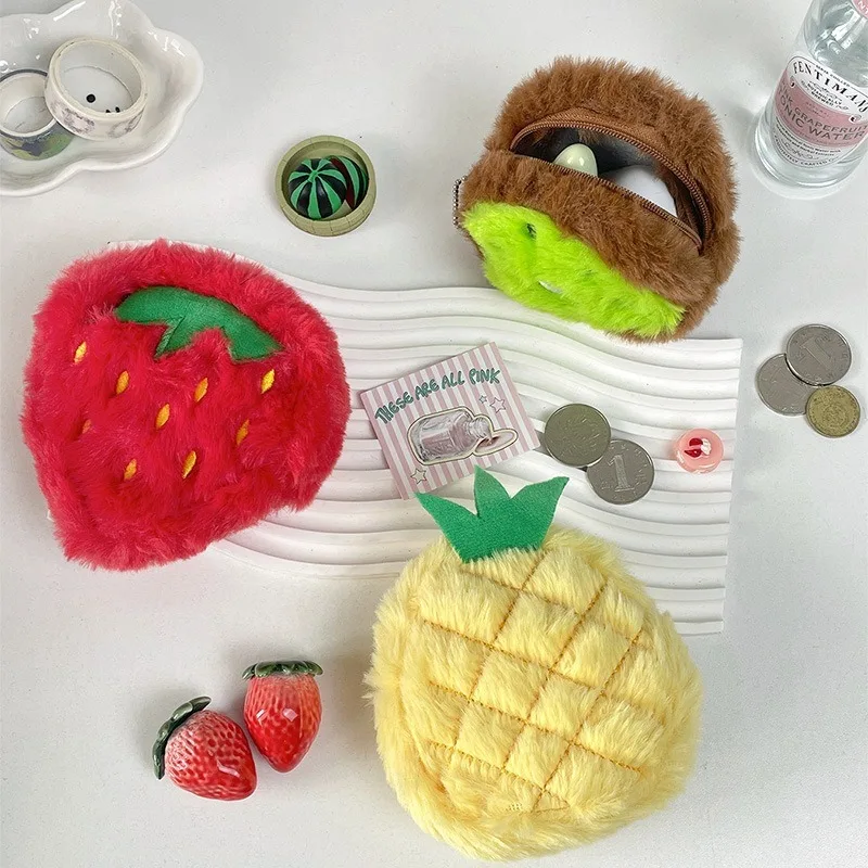 Cartoon Fruit Plush Coin Purse Cute Stuffed Money Purse Keychain Pendant Wallet Lipstick Pack Earphone Key Card Storage Bag