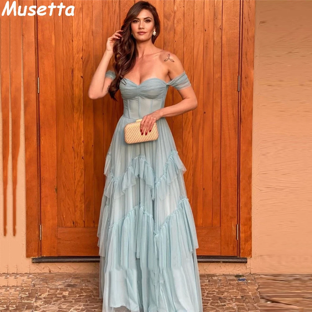 Musetta Sexy Off the Shoulder Tulle Long Prom Dresses Ruffles Tiered Women Formal Party Evening Gowns Robe De Soiree Customized