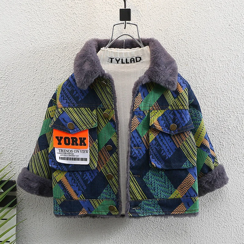 

Утепленная джинсовая куртка для мальчиков, осенне-зимняя, модная, молодежная, приталенная, на молнии, из смесового хлопка