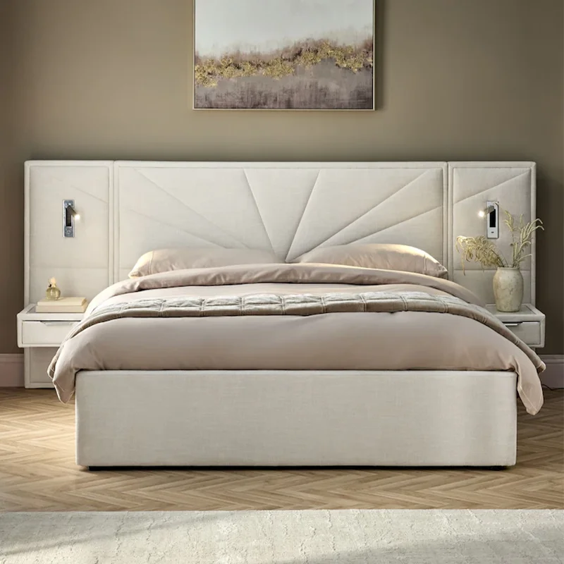 

# Brushed Weave Oyster Natural Mayfair Upholstered Hotel Bed Frame with Night Lights and Nightstands