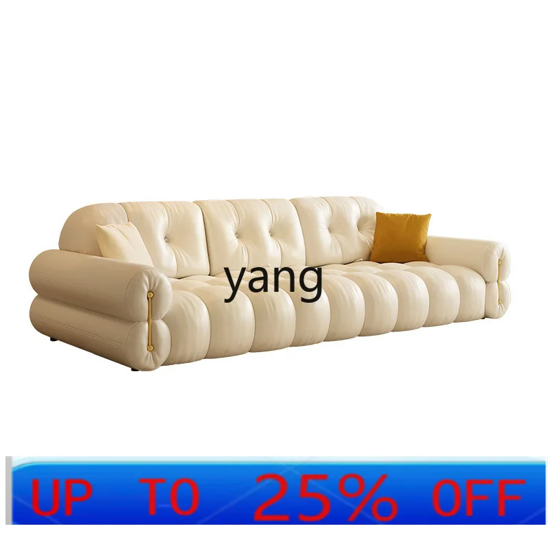 LTT Cream Wind Puff Sofa French Living Room Adjustable Backrest Super Wide Sitting Deep Leather Sofa