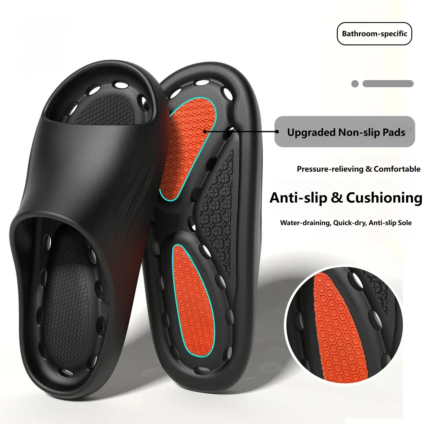 EVA Cushion Shower Slippers Men Upgrade Non‑Slip Pads Hollow Drainage Quick‑dry Indoor Bathroom Home Slides
