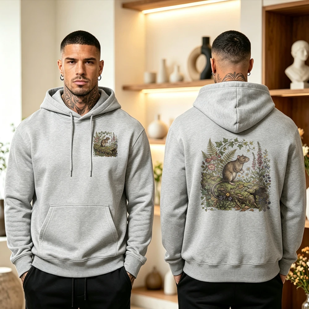 Vintage Cottagecore Forest Rat Floral Fern Graphic Hoodie Men Women Wild Botanical Nature Front & Back Print Hooded Sweatshirt