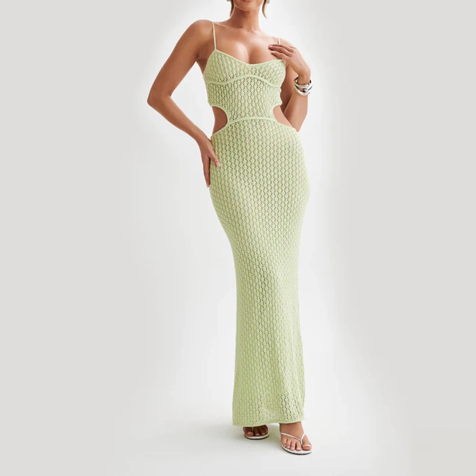 hirigin Women Crochet Maxi Dress Spaghetti Strap Knit Cut Out Bodycon Long Dress Backless See Through Beach Cover Up Dress