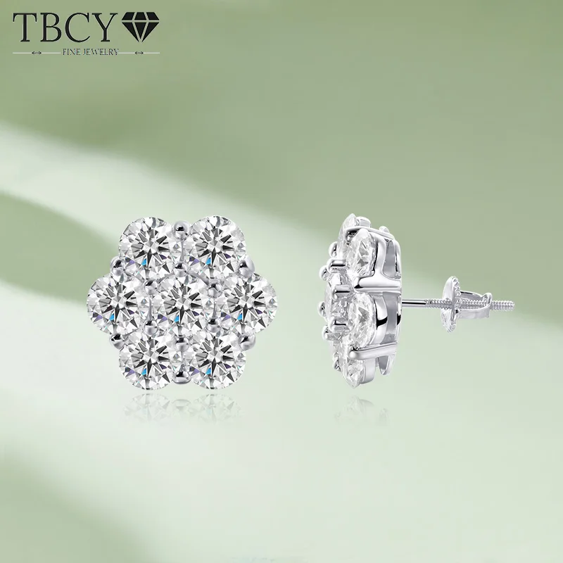 TBCYD 7cttw D Color Moissanite Stud Earrings For Men Women 925 Sterling Silver Hip Hop Flower Ear Studs Piercing Trendy Jewelry