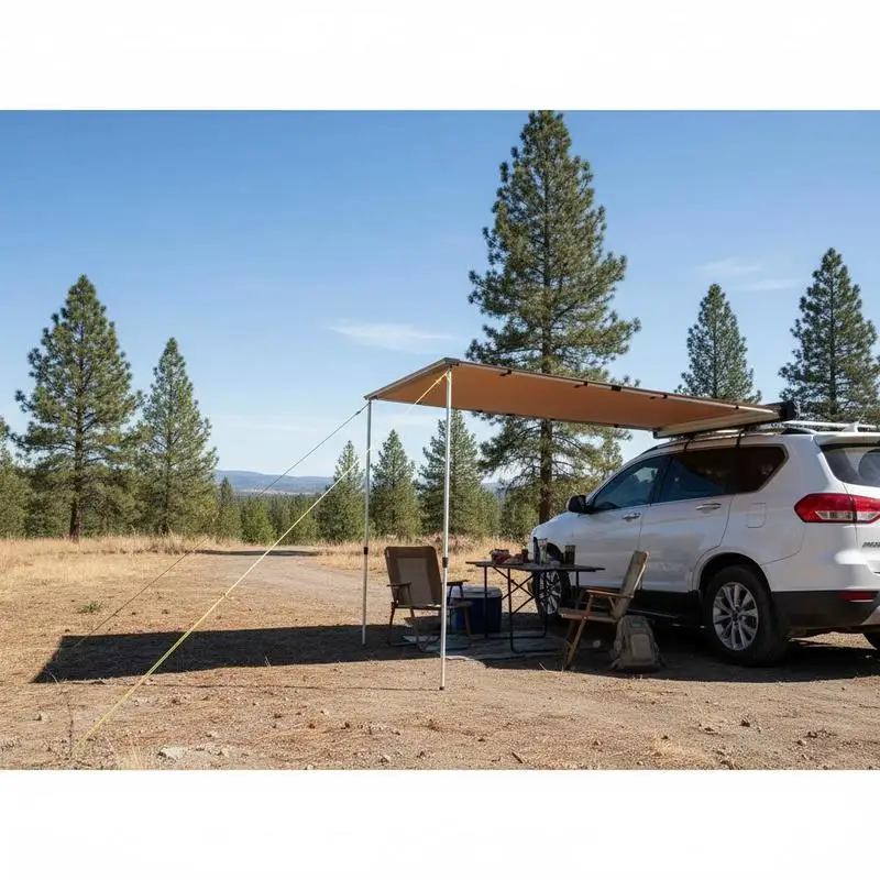 Auvent latéral rétractable pour véhicule 1,4×2 m, tissu polyester 280g avec imperméabilité PU3000mm et protection UV50+. Comprend une sacoche en PVC imperméable, compatible avec les fourgonnettes, camions et camping-cars pour le camping.