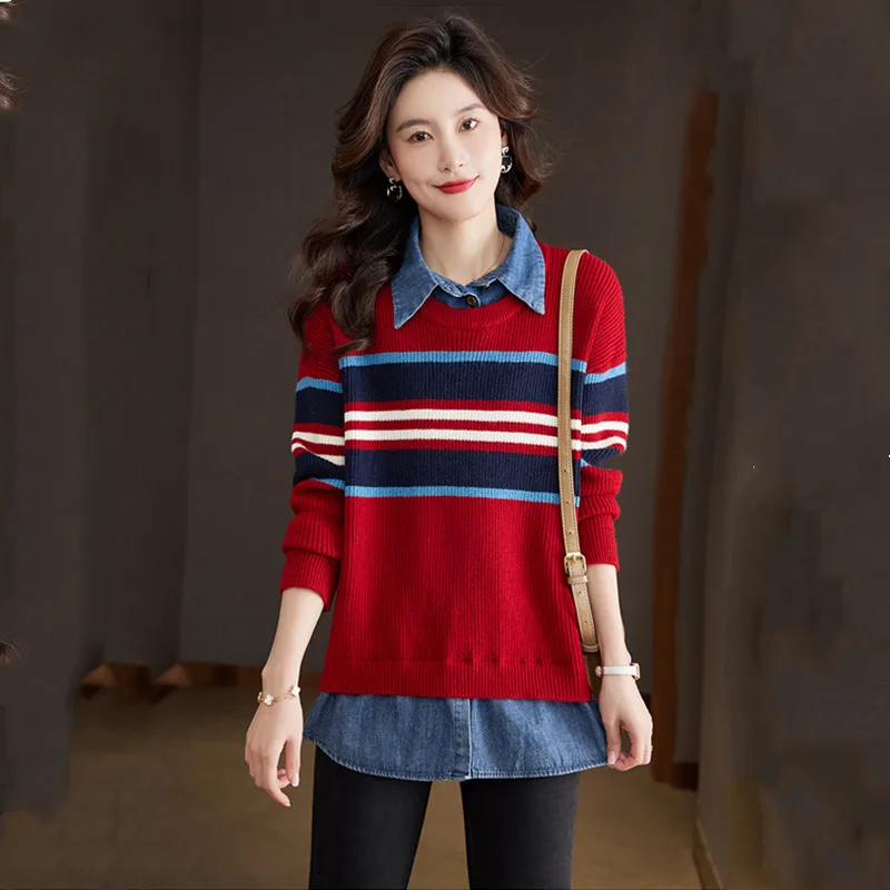 เสื้อสเวตเตอร์แบบสวมหัวของผู้หญิงเสื้อสเวตเตอร์ถัก2ชิ้นสำหรับฤดูใบไม้ผลิฤดูใบไม้ร่วง2023ใหม่