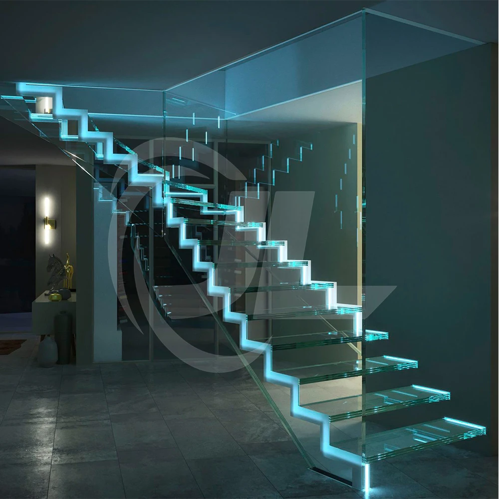 Indoor Black Wholesale Glass Staircase Wall Floating Glass Staircase Tempered Glass Stair Railing