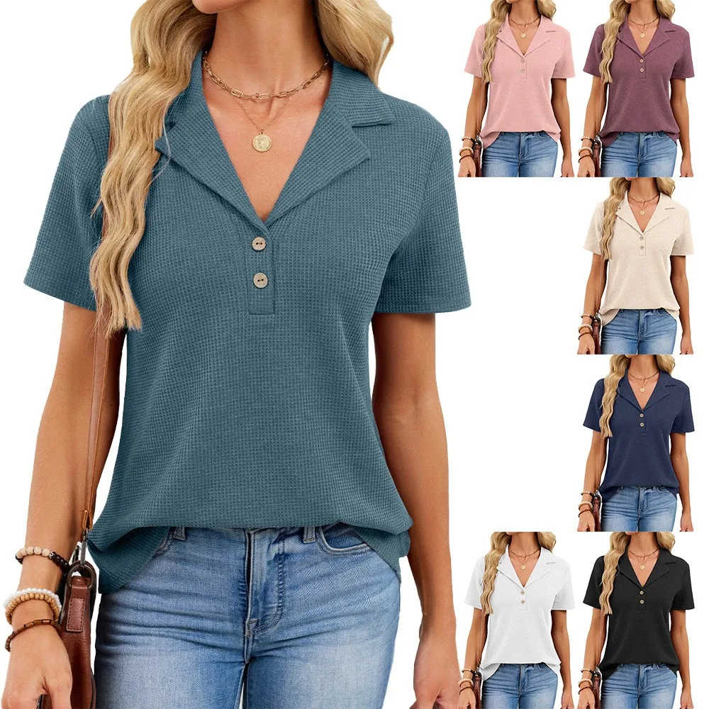 

Women T Shirts Blouse Short Sleeve V Neck Waffle Knit Blouses Cotton Regular Fit Solid Color Top Casual Button Front Women's Tee