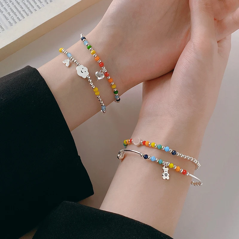 

925 Sterling Silver Rainbow Beaded Bracelet Cute Little Bear Cloud Bracelet Women's Vintage Fashion Handwear Temperament Jewelry