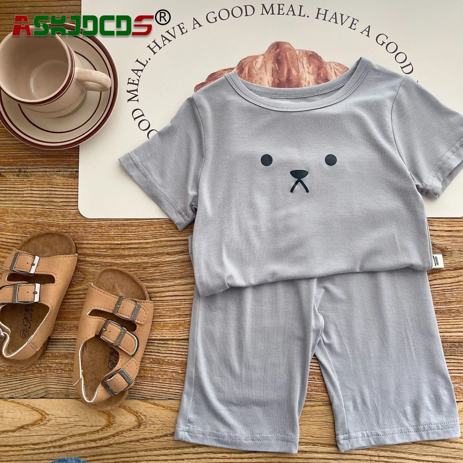 

New in 2024: Cute 2Pcs Kids Baby Girls Boys Summer Pajama Set Short Sleeve Bear Top Solid Color Pants - Infants Children 3M-6Y