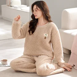 Winter Women Coral Fleece Pajamas Sets Long Sleeve Fluffy Sleepwear Lady Thicken Warm Homewear Femael Casual Flannel Nightwear