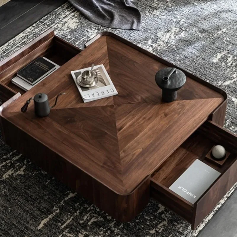 Stolik kawowy z litego drewna orzecha czarnego z Ameryki Północnej, kwadratowy, z miejscem do przechowywania, stolik kawowy do małego mieszkania