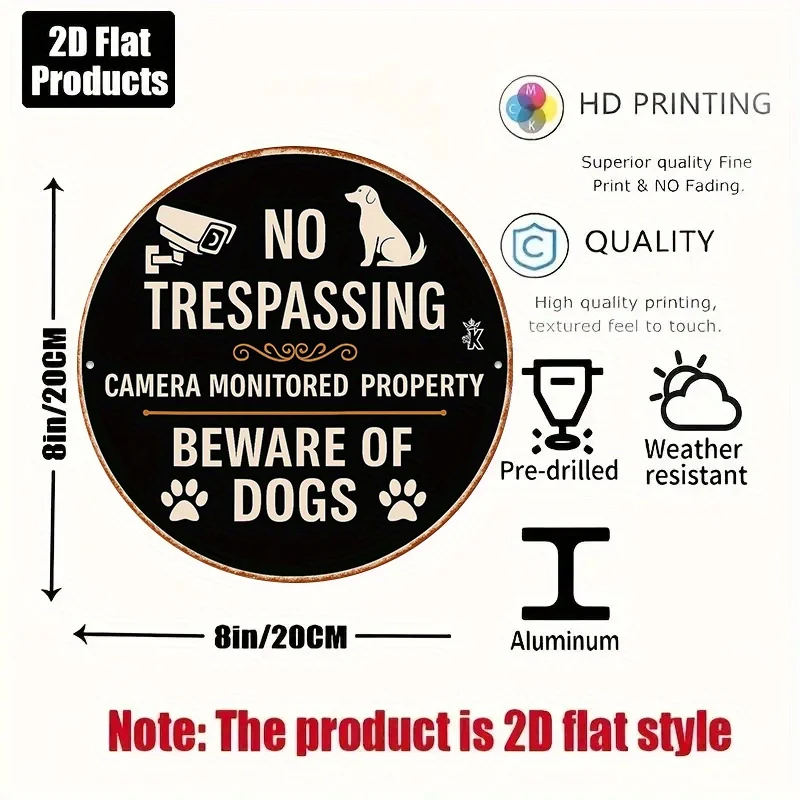 1pc 8-Inch Round French/English No Trespassing Sign - Heavy-Duty Aluminum Warning Plaque with & Dog Symbol, Paw Prints