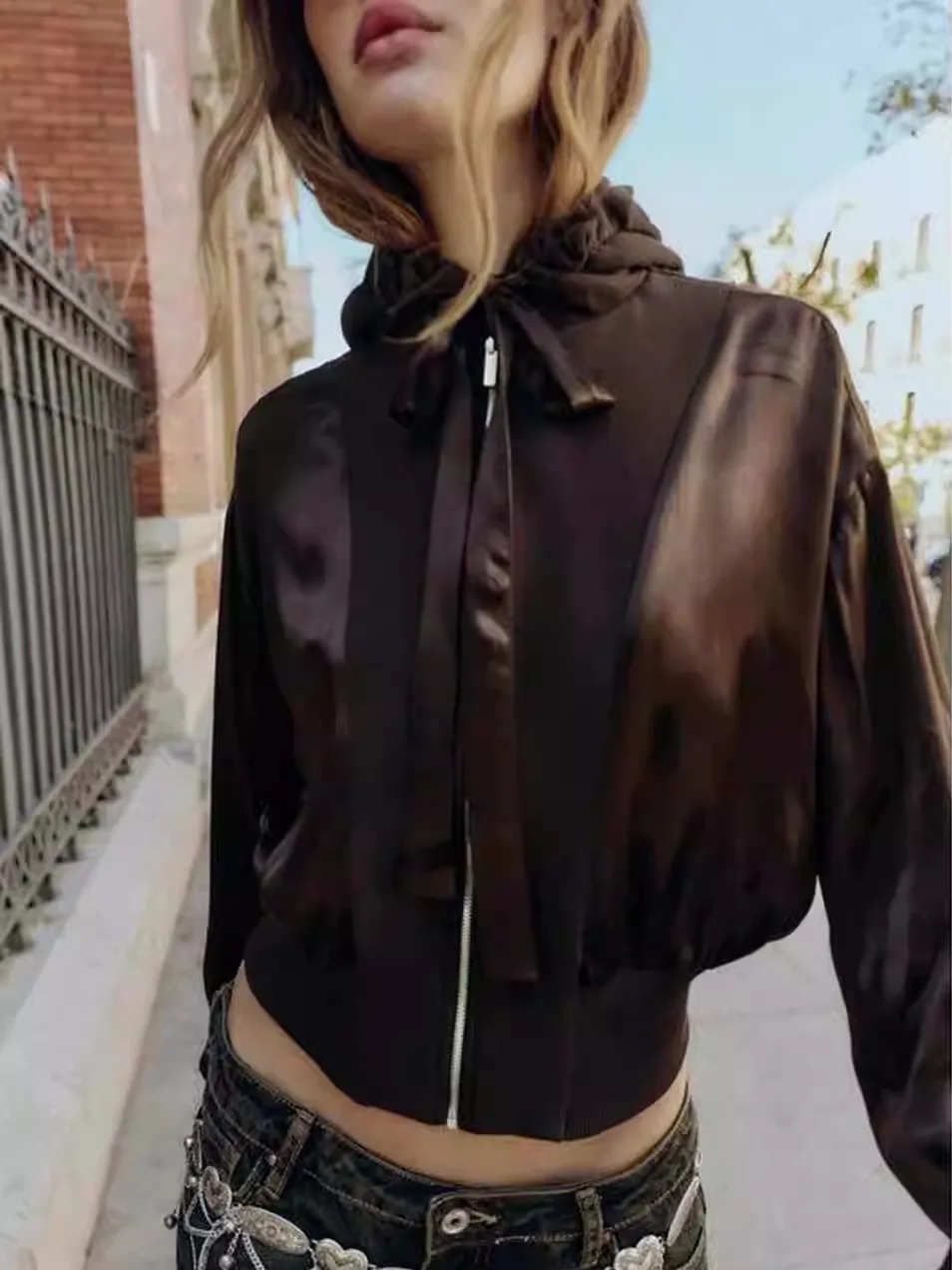 

Шелковый атлас Long Sve irt Jaet с застежкой-молнией в стиле пэчворк, повседневная женская зимняя верхняя одежда, бархатная ткань с 3D эффектом