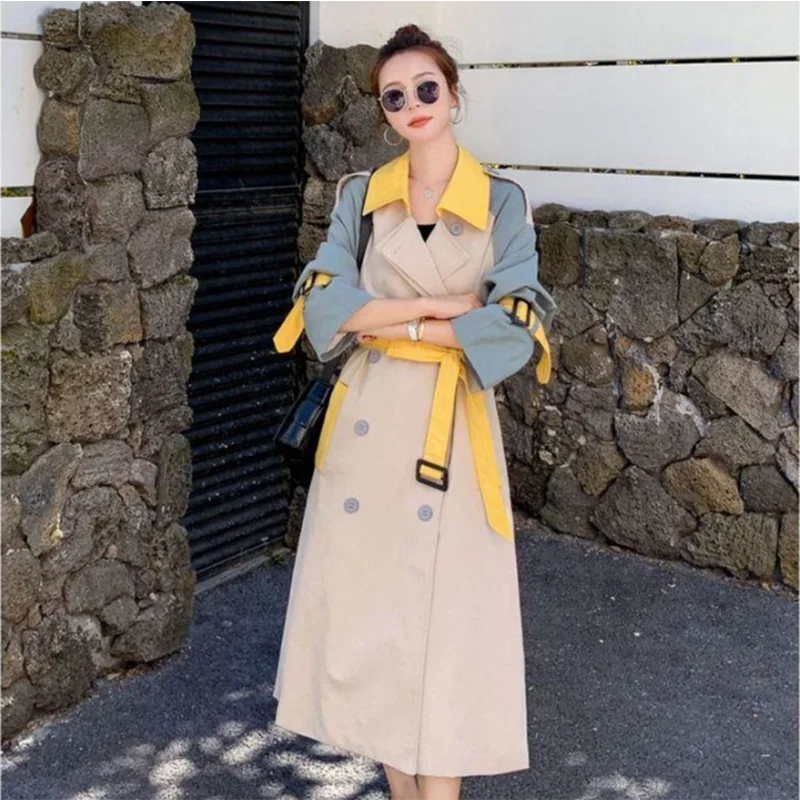 Color Blocking Long Windbreaker Jacket For Women 2025 New Spring Autumn Korean Style Loose Versatile Overcoat Female Trench Coat