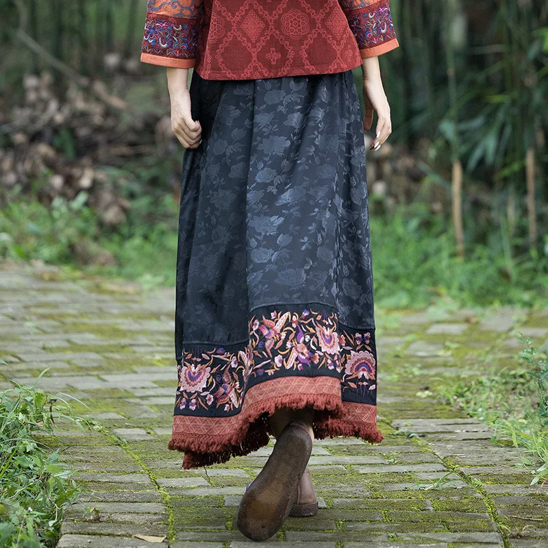 TIYIHAILEY Long Maxi Women Embroidery Skirts A-line Jacquard Waist 2026 Tassels Ladies Autumn Spring Chinese Style Patchwork