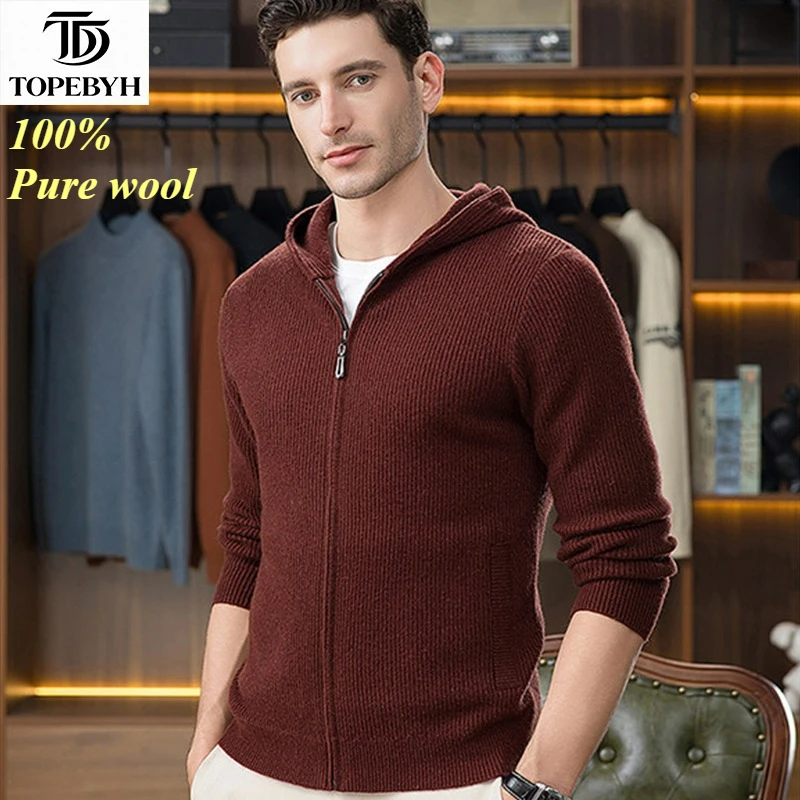 

100% Pure Wool Premium Sweater Zip Cardigan Long-Sleeve Wool Sweater Knitted Tops Hoodies Coats