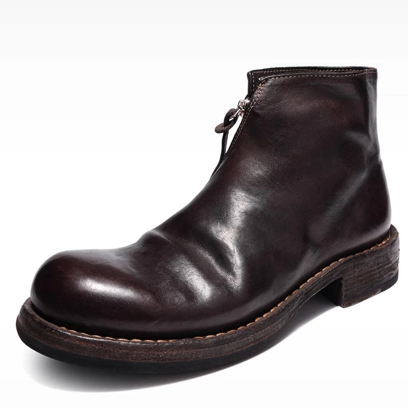Washed Horseskin British Thick Sole Shoes for Male Autumn/Winter Horse Skin Handmade Goodyear Side Zipper High Top Leather Shoes