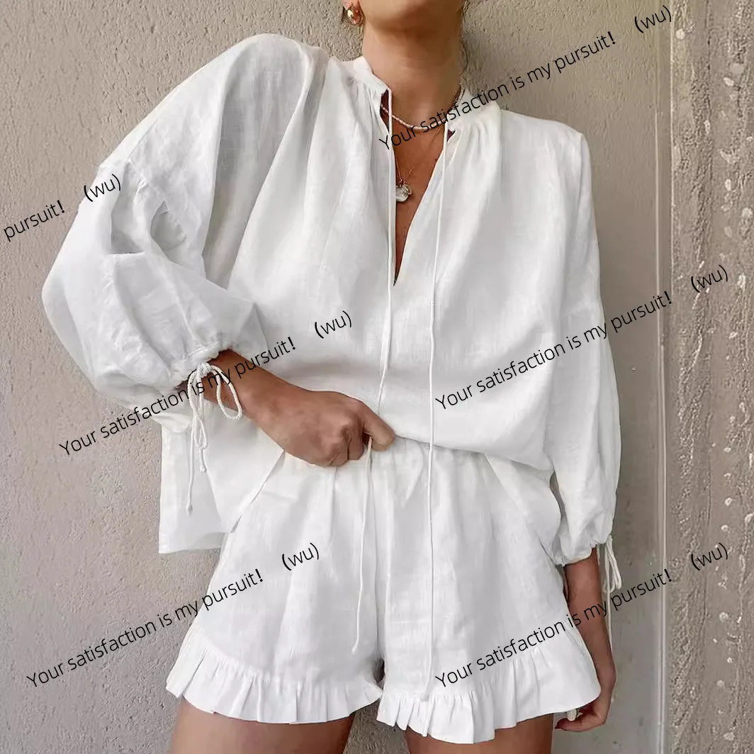 

Fashion cotton and linen solid color loose V-neck lantern sleeve shorts two-piece set summer versatile sexy lace-up high waist