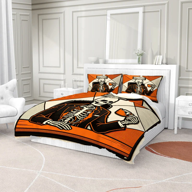 Gothic Office Skeleton Duvet Cover Set Fashion Skull Worker Print Bedding Set Cartoon Quilt Cover Set Bedroom Home Decor Gift