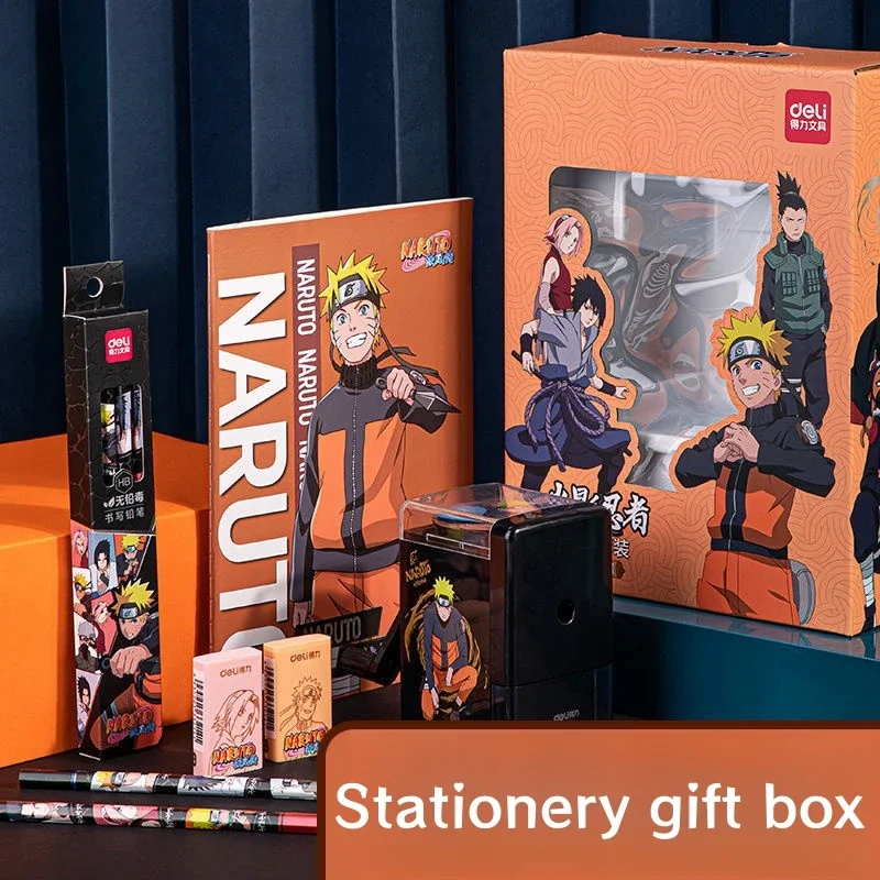 Naruto Stationery Gift Box Pencil Sharpener Notebook Pencil Eraser Grip Pen Sheath School Supplies Children Stationery Set Gift