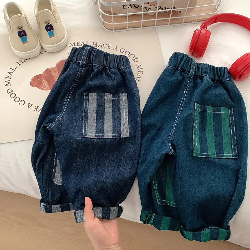 Children\'s Jeans 2024 Autumn Korean Boys Pants Fashion Striped Patch Casual Denim Trousers 1-6Y Kids Clothes Boy\'s Jeans