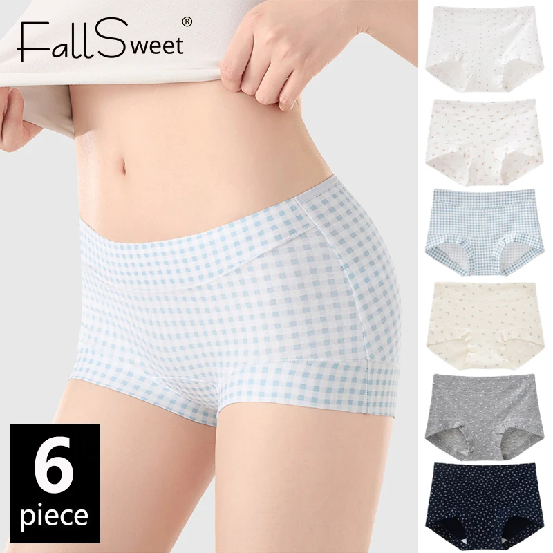 

FallSweet, 6 шт., женские хлопковые бесшовные трусики со средней посадкой, большие размеры, синие, белые клетчатые трусы, удобные трусы, женское нижнее белье