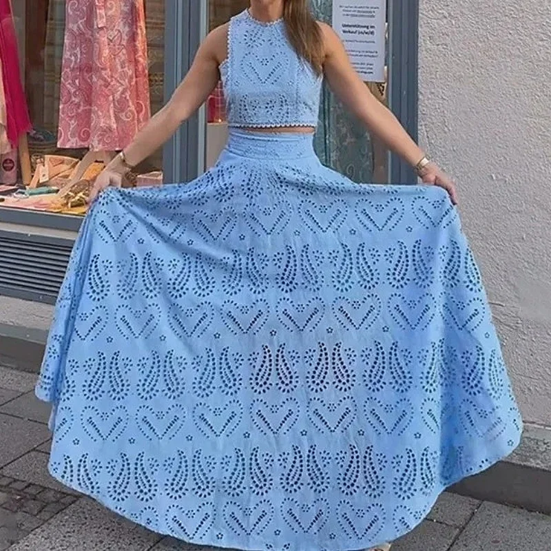 

Элегантный ажурный женский комплект из двух предметов Y2K, шикарный укороченный топ без рукавов с высокой талией, плиссированная макси-юбка, отпускной костюм, уличная одежда