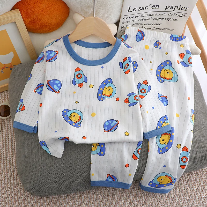 2024 neue Kinder Jungen Mädchen Sommer Reine Baumwolle Dünne Pyjamas Niedlichen Cartoon Print Langarm T-Shirt Tops + Hosen Baby kleidung Sets