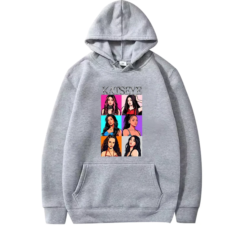 سويت شيرت كلاسيكي بقلنسوة للرجال والنساء من Katseye عتيق بأكمام طويلة مع رسومات مطبوعة بقلنسوة كبيرة الحجم للجنسين