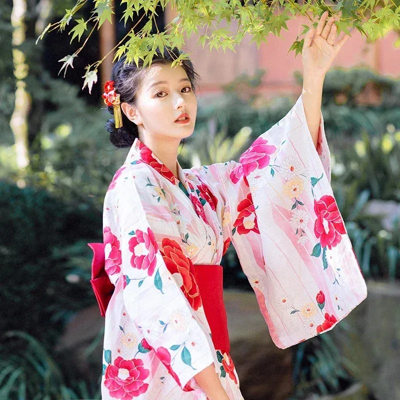 CyJapanese 스타일 정통 여성용 핑크 기모노 하오리 꽃 프린트 긴 소매 유카타 파티 코스프레 드레스 복장 게이샤 의상