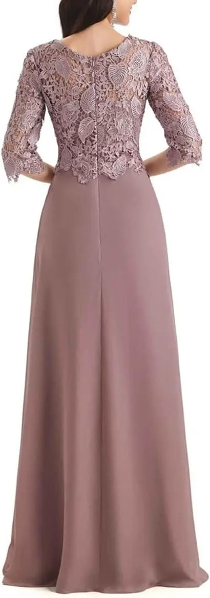 ชุดแม่เจ้าสาว ผ้าชีฟองจับจีบ แขนยาว คอทรงกลม แต่งลูกไม้ สง่างาม ดูดี มีระดับ ชุดราตรี ชุดออกงานสำหรับคุณแม่