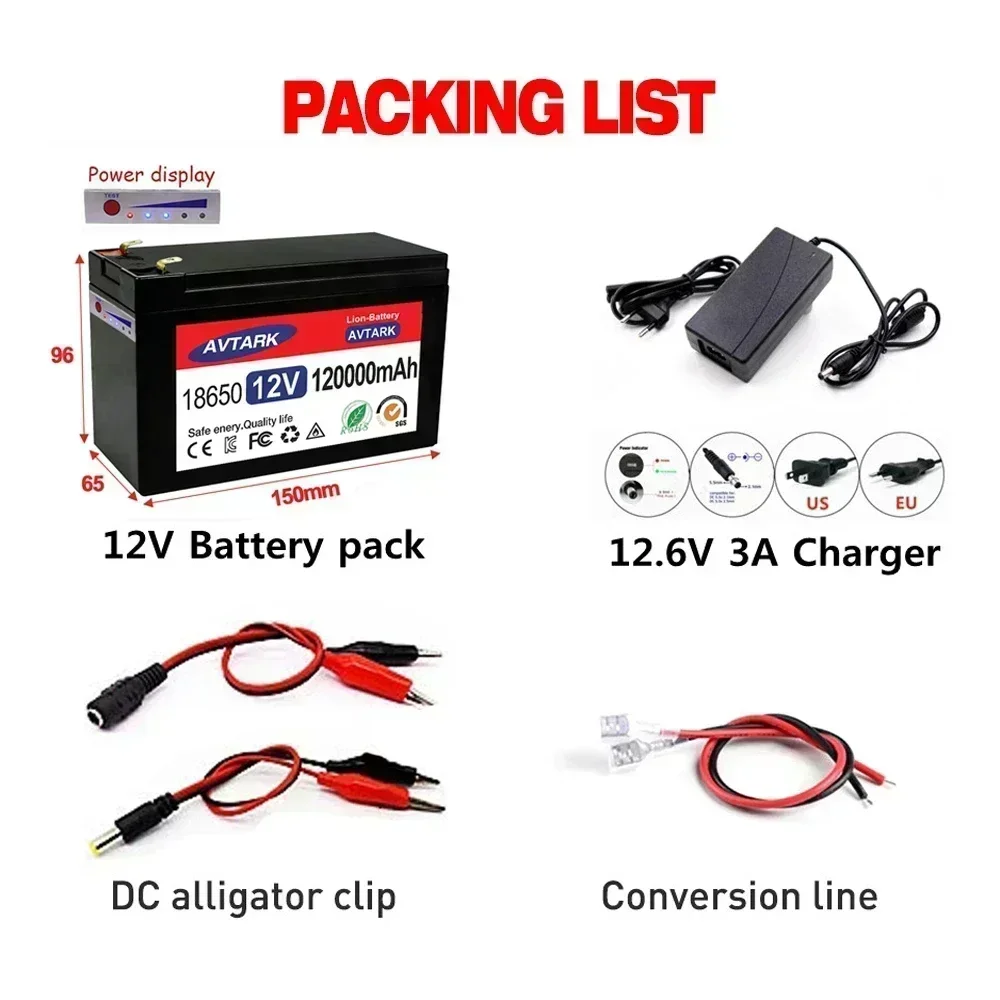 12V 120Ah 18650 lithium battery for Solar Panels 30A  built-in high current BMS electric vehicle battery +12.6V charger