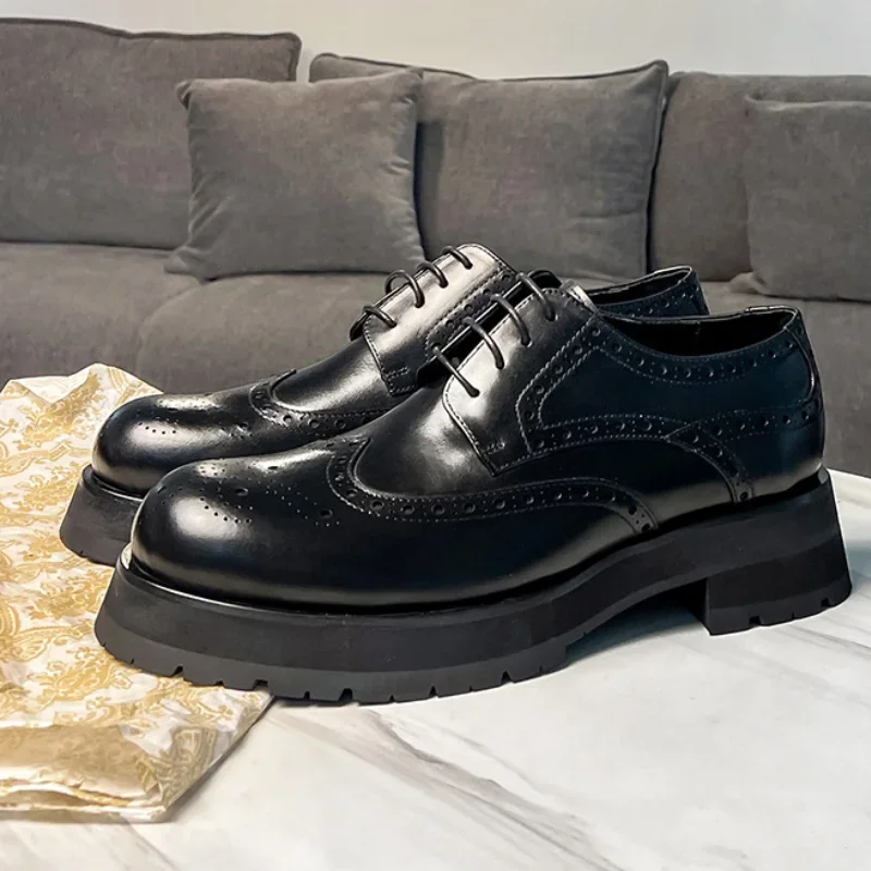 Platfrom Mens Leather Shoes 2026 New Style Luxury Genuine Leather Brand Fashion Designer Black Brogues Daily Work Business Shoes