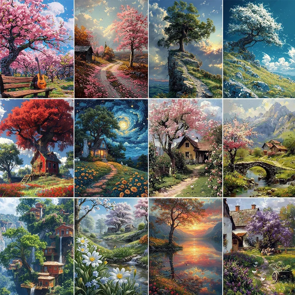 

131539 Landscape Painting By Numbers Kits Tree House Canvas Picture Number Drawing Diy Paint