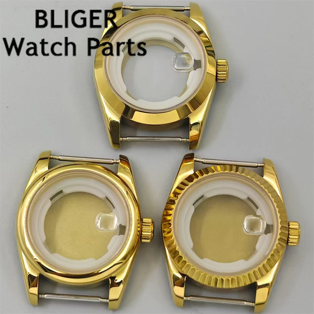 BLIGER 31mm Women's Watch Case Gold Rose Gold Case Fluted Polished Sloping Round Bezel Sapphire Glass Fit NH05 NH06 Movement