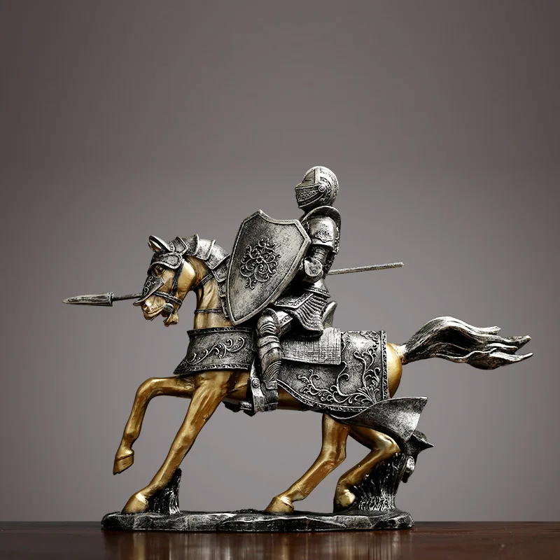 European Medieval Knight On Horse Resin Sculpture Cool Retro Home Decoration Office Desktop Accessorie Armor Knight Statue Model