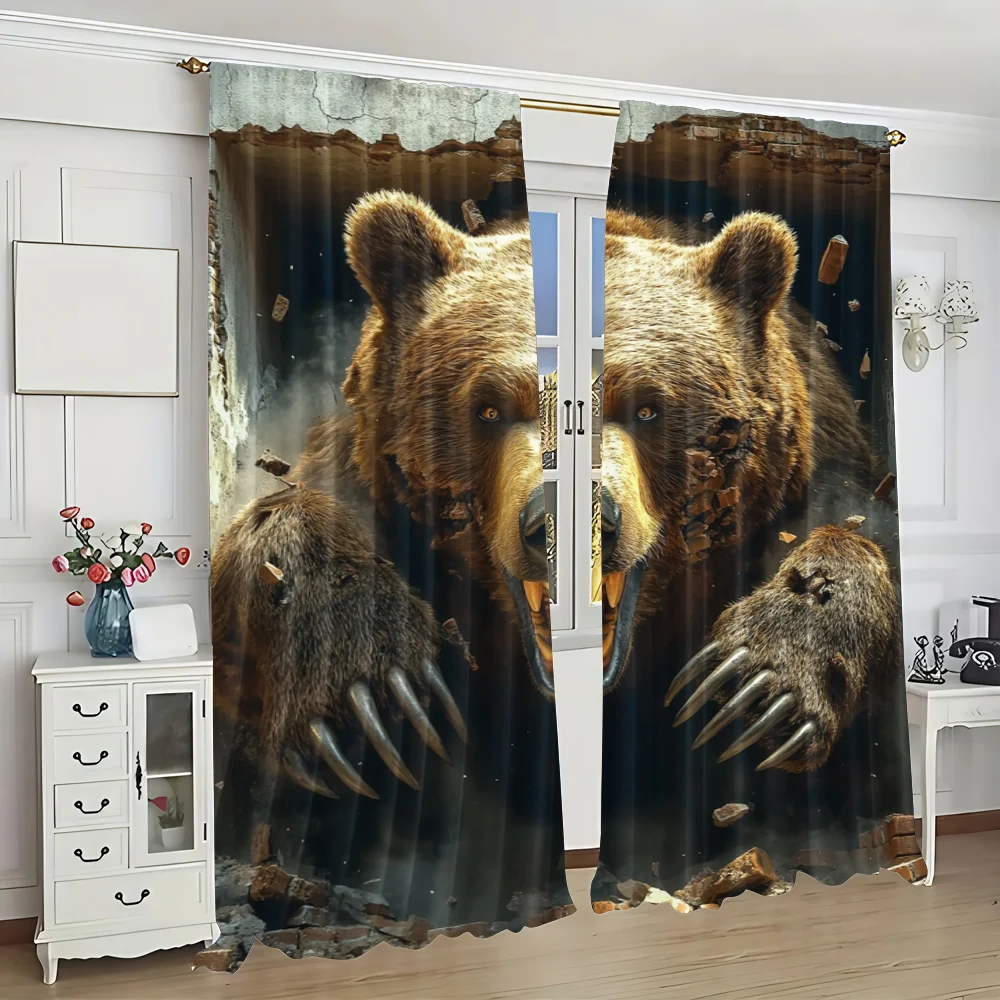 2pc,  Window Treatment Curtains Bears break through walls Versatile Polyester Fabric,Without Electricity Holiday Decorations for