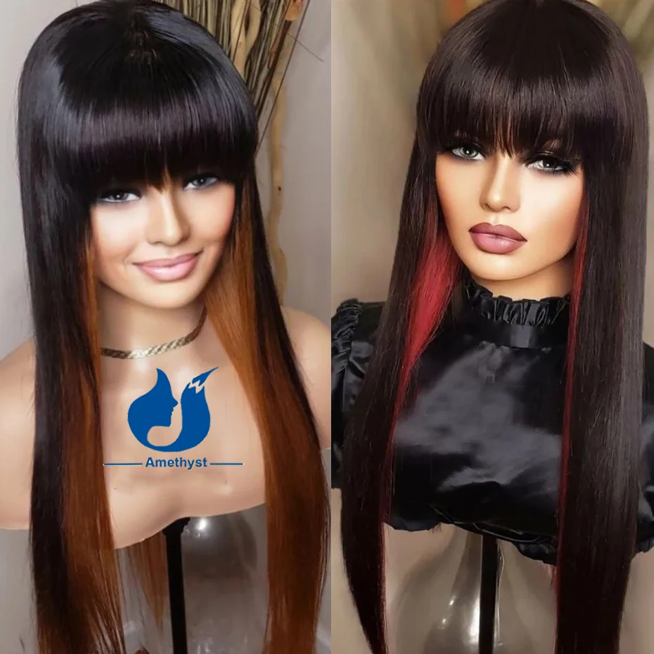 Straight Highlight Brown Human Hair Wig with Bangs Full Machine Made Wig for Women Scalp Top Brazilian Burgundy Highlight Hair