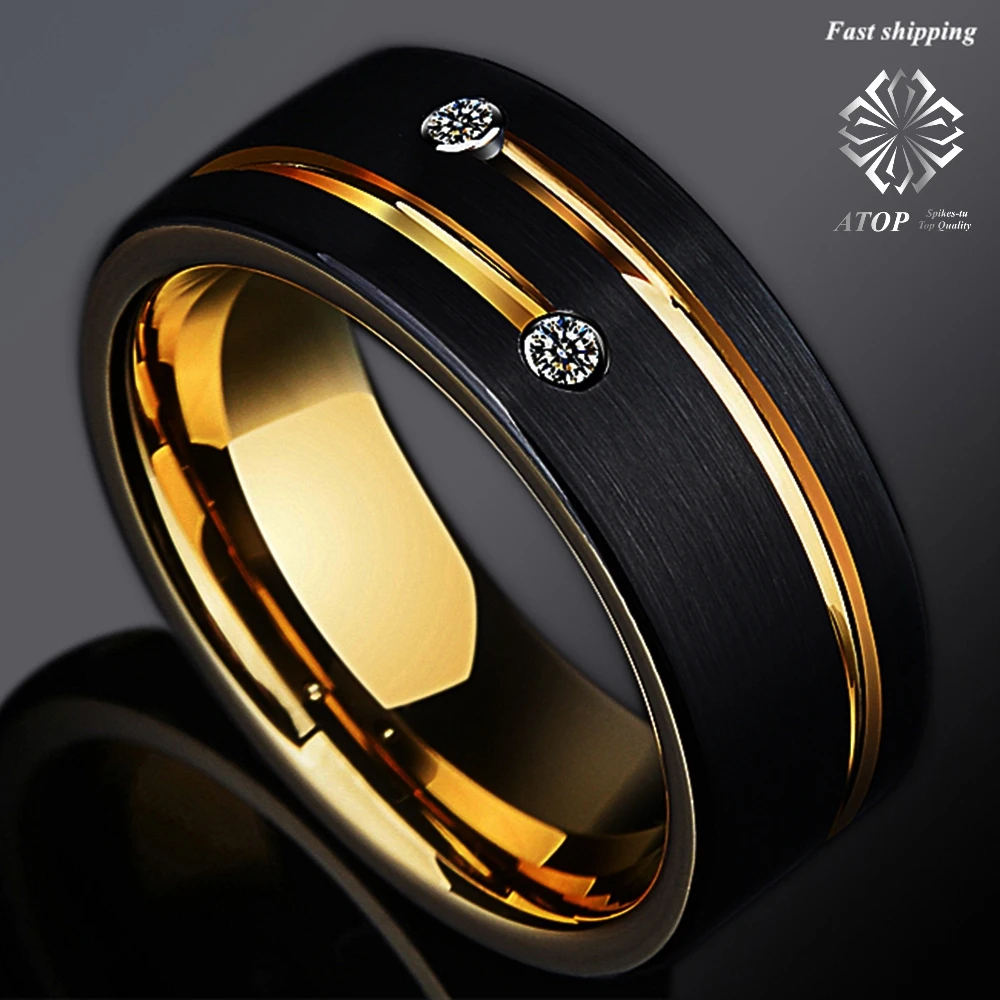 8mm Black Brushed Tungsten Ring Gold Grooved Line Diamond ATOP Men Wedding Band
