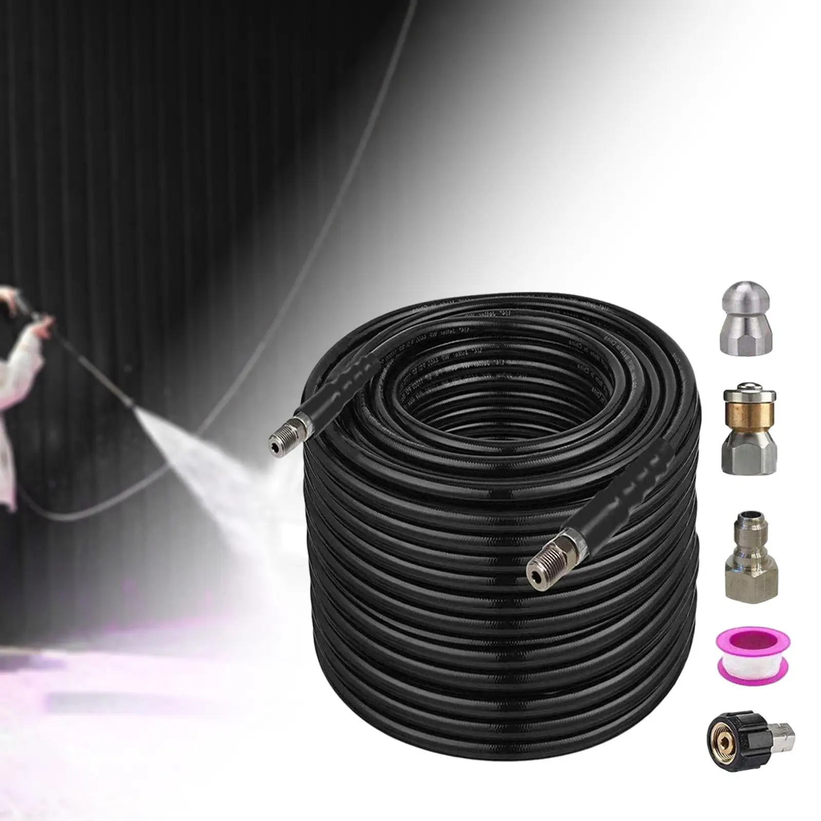 

Pressure Washer Sewer Jetter Kit 100 Feet Hose Accessories with Waterproof Tape 1/4inch NPT Corner for Outdoor Indoor Sturdy