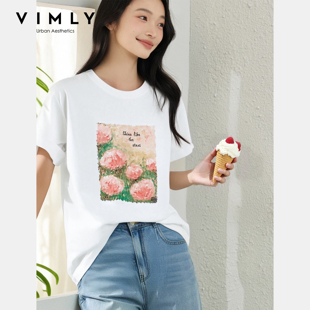 

VIMLY White T-shirt Funny Printing Women's Summer Top 2025 Casual 100% Cotton Round Neck Knitted Woman Short Sleeve Tees A2160