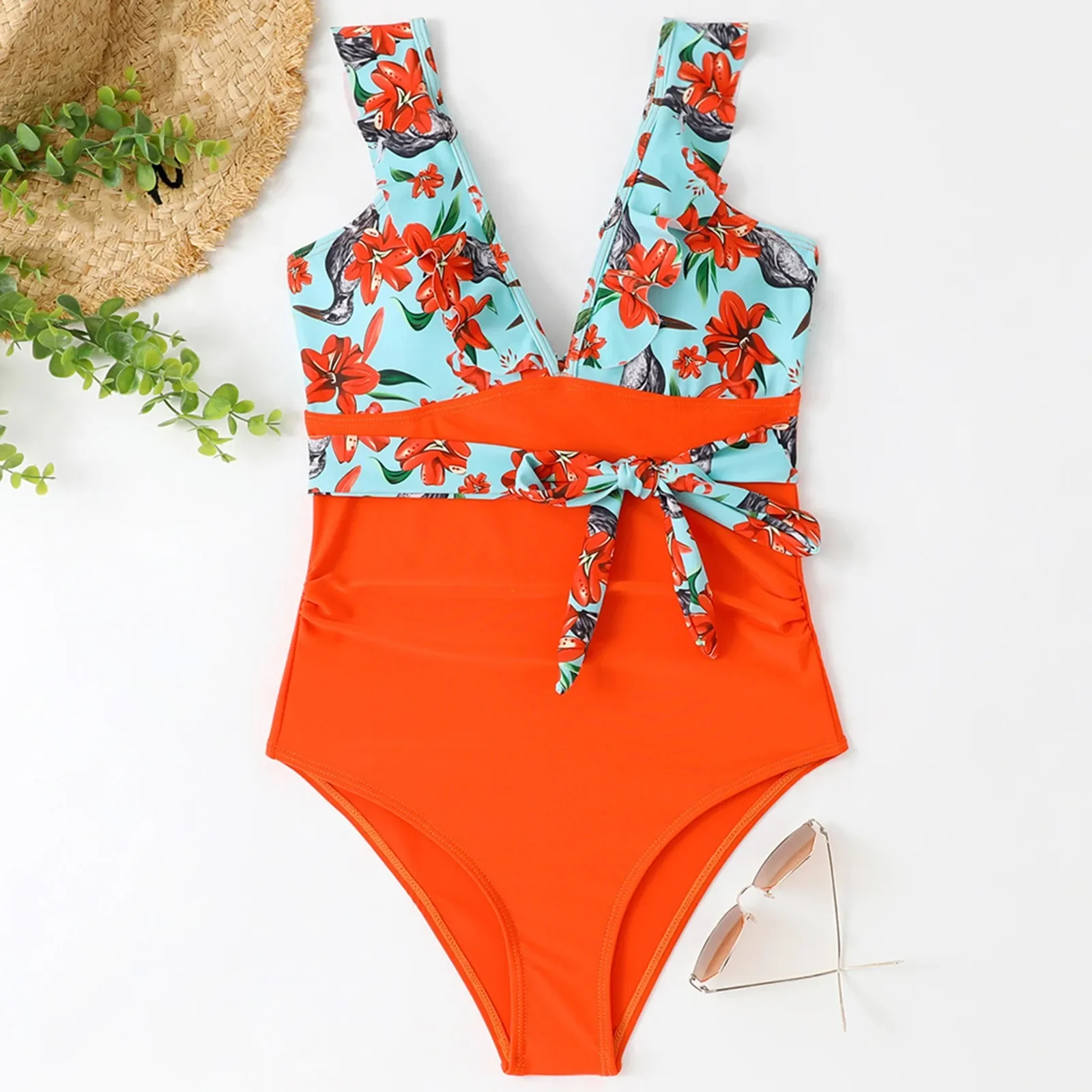 ملابس السباحة النسائية السرية المطبوعة مطابقة كشكش عارية الذراعين عالية الخصر السراويل مثير ملابس السباحة النسائية نادي الشاطئ حفلة كوبانليك