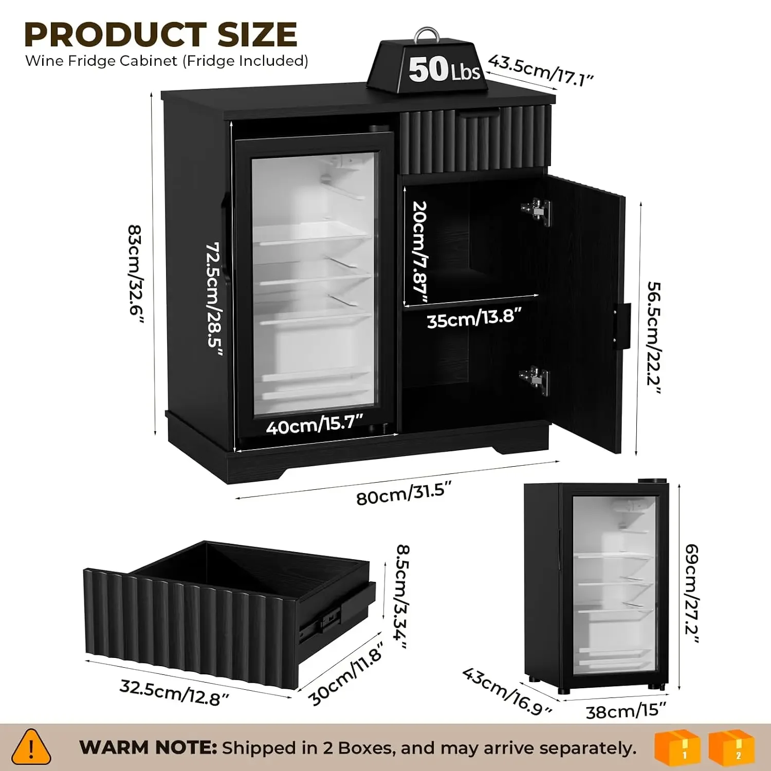 Fluted Mini Fridge Cabinet (Fridge Included) for Home, Black, Customized