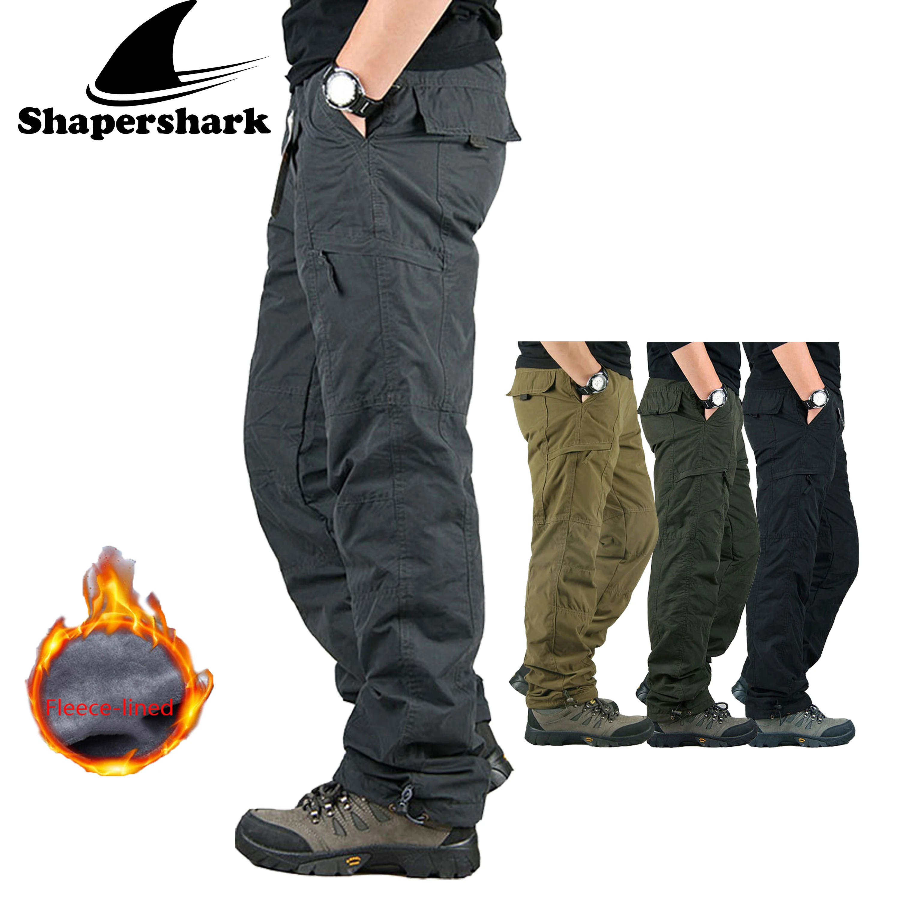Shapershark Calça de trabalho masculina forrada de lã para outono/inverno Calça quente forrada de algodão Calça atlética de cor sólida Design com vários bolsos