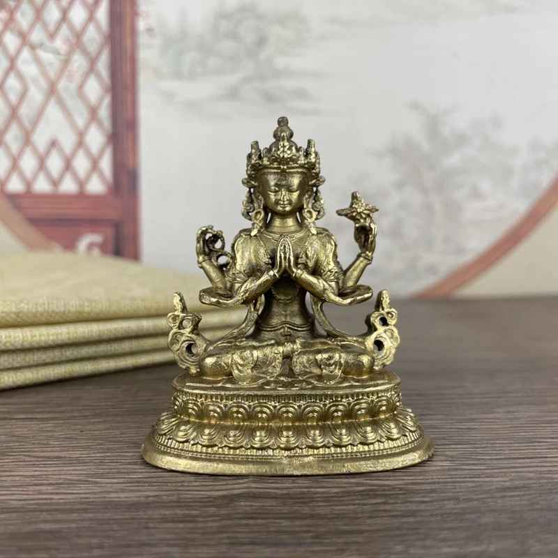 Tibetan Patron Saint Figurines Home Decoration Crafts Antique Four-armed Avalokitesvara Bidhisattva Statue Desk Ornaments