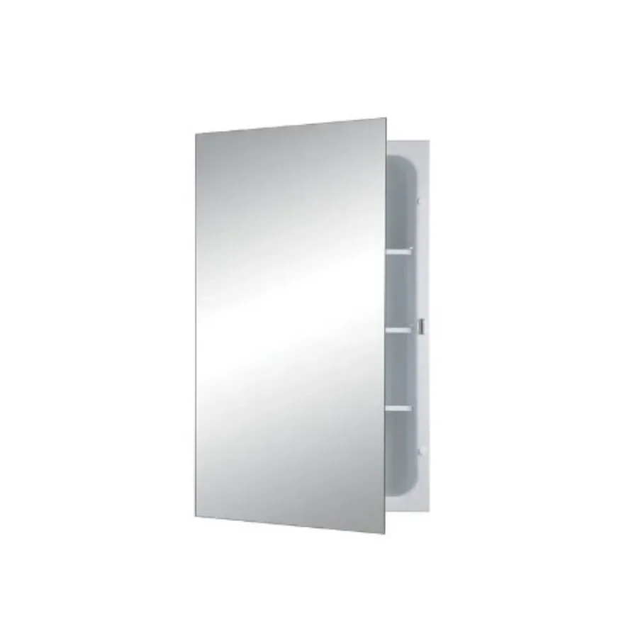 Bathroom medicine cabinet with frameless design, polished mirror surface, silver color, space-saving 16-inch by 26-inch size