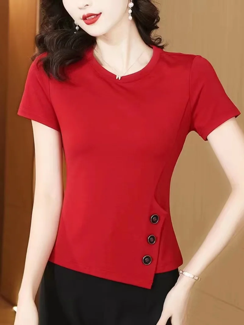 

Женская футболка из чистого хлопка ort Sve, весна-лето 2024, новинка красного цвета для похудения, Faionable Small irt